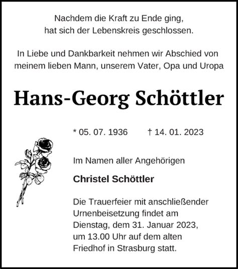 Traueranzeigen Von Hans Georg Sch Ttler Trauer Nordkurier