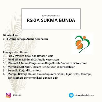 Lowongan Kerja Rumah Sakit Khusus Ibu Dan Anak RSKIA Sukma Bunda