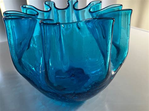 Vintage Blenko Glass Bowl Blue Pinch Vase In Turquoise Etsy