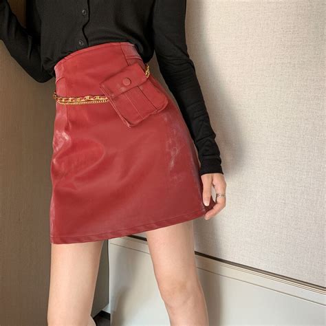 Chic High Waist Pu Leather Skirt Women Spring Autumn A Line Skirt Faux Leather Skirt With Waist