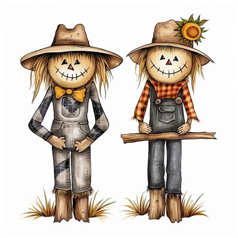 Premium Photo Two Scarecrows Dressed In Overalls And Hats Holding A