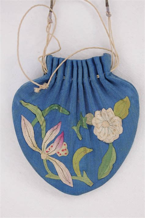 Antique Chinese Blue Embroidered Silk Scent Purse Bag 19th Century