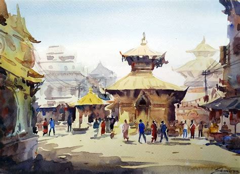 Temples in Kathmandu Painting by Samiran Sarkar | Saatchi Art