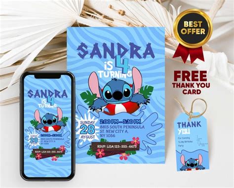 Editable Stitch Birthday Invitation Template Tags Mobile Etsy Australia