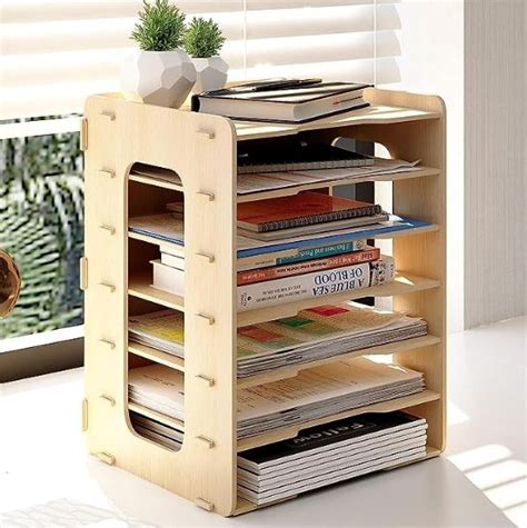 PUNCIA Document Tray A4 Letter Tray 7 Storage Compartments Wooden Desk