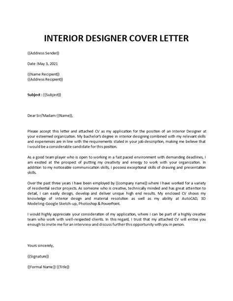 Sample Cover Letter For Interior Designer Job Psoriasisguru