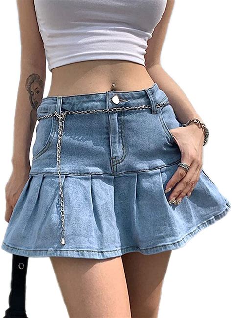 Bowanadacles Women Fashion High Waist Pleated Ruffle Denim Skirt School