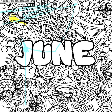 Dessin colorié Coloriage prénom JUNE décor Mandala fruits par un