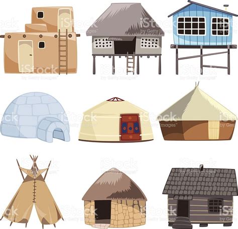 Set Of Traditional Housed With House Igloo Hut Shack Slum