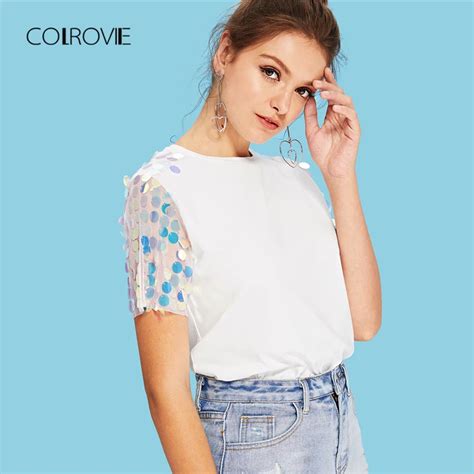 COLROVIE белая футболка с контрастными пайетками и сетчатыми рукавами ...