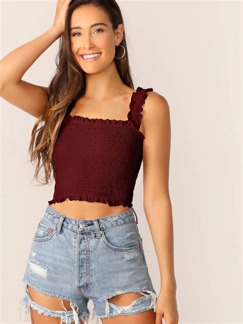 Frill Trim Crop Shirred Top SHEIN USA Fashion Crop Top Outfits