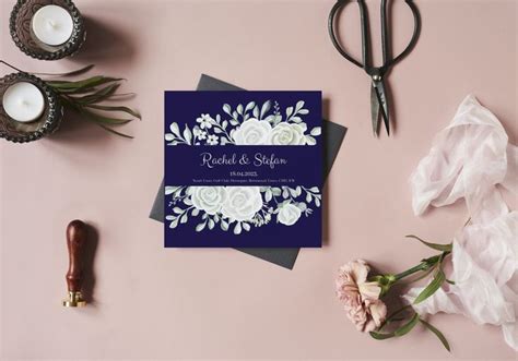 Wedding Stationery With Flowers And Scissors On Pink Background