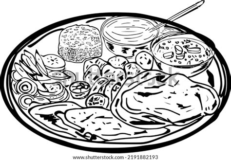 Traditional Indian Food Thali Line Art Stock Vector Royalty Free