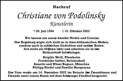 Traueranzeigen Von Christiane Von Podolinsky Trauerportal Ihrer