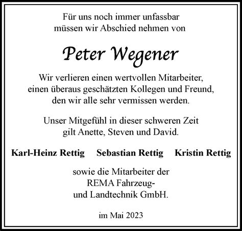 Traueranzeigen Von Peter Wegener M Rkische Onlinezeitung Trauerportal