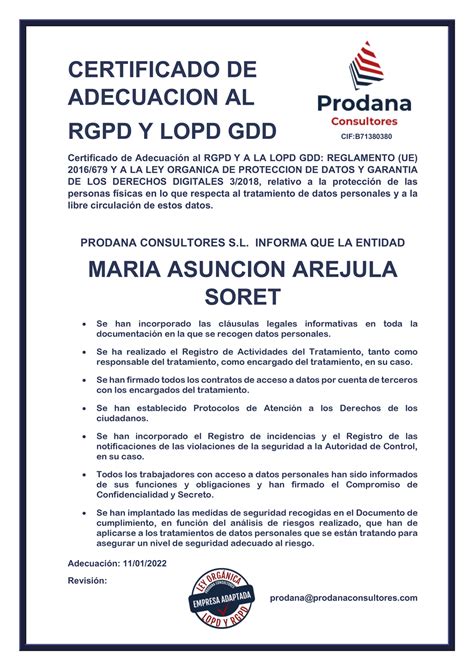 CERTIFICADO DE ADECUACION AL RGPD Y LOPD GDD ArtDental