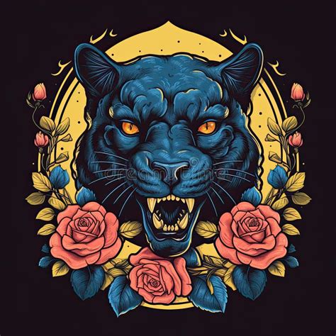 Schwarzer Panther Kopf Mit Rose Und Blume Im Stil Von Vintage Comic