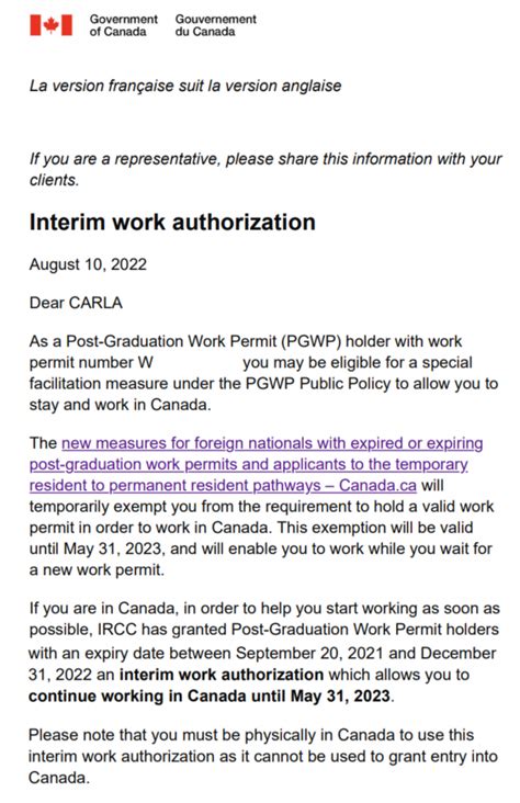 This Is The Interim Work Authorization That Ircc Is Sending To The Email