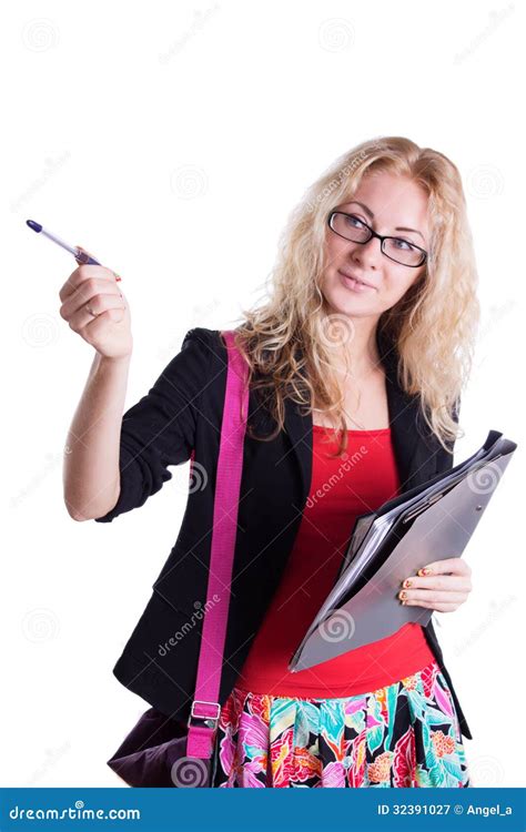 Menina Bonita Do Estudante Que Aponta Pena Imagem De Stock Imagem