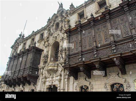 Archbishop S Palace Balcony In The Plaza De Armas Lima Peru Stock