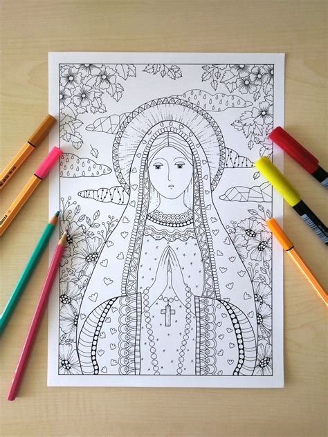 Virgin Mary Blessed With Rosary Coloring Page For Adults Instant Download Catholic Art