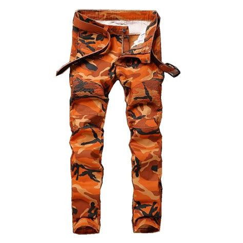 Mens Camouflage Orange Biker Jeans Trousers Motocycle Camo Slim Fit