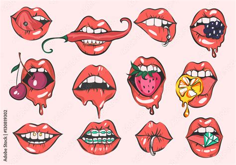 Vecteur Stock Pop Art Sexy Lips Vector Set Adobe Stock