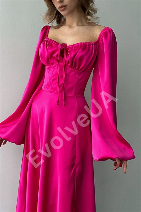 Hot Pink Silk Maxi Dress With Side Slit And Bishop Sleeves Bright Pink Elegant Silk Dress With