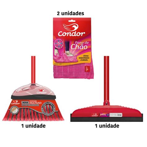 Kit Rodo Vassoura e Pano de Chão Condor Casa Mix Utilidades