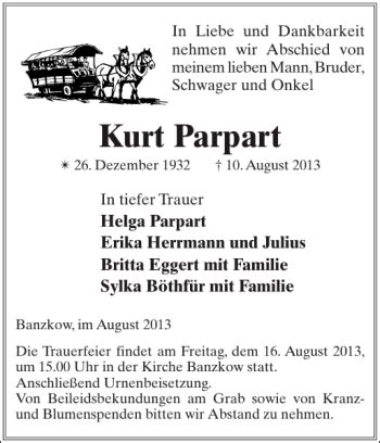 Traueranzeigen Von Kurt Parpart Trauer Nordkurier