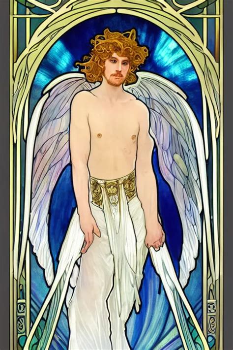 Full Figure Art Nouveau Window Depicting A Male Angel Stable Diffusion