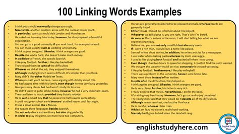 100 Linking Words Examples, Linking Words Sentences - English Study Here