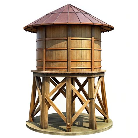 Water Tower With Cylindrical Tank Conical Roof And Wooden Support