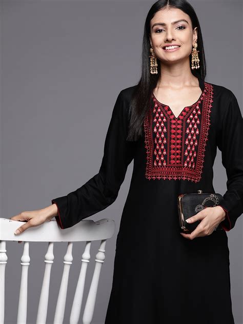 Buy Libas Women Black Pashmina Wool Yoke Design Thread Work Kurta