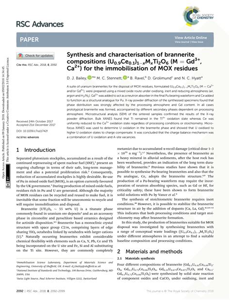 Pdf Synthesis And Characterisation Of Brannerite Compositions U