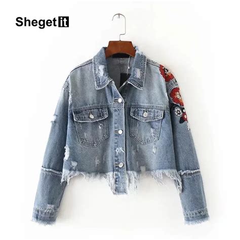 Shegetit Vintage Floral Embroidery Denim Jackets Women Coats Scratched Hole Tassel Denim Coat