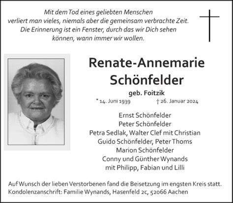 Traueranzeigen von Renate Annemarie Schönfelder Aachen gedenkt