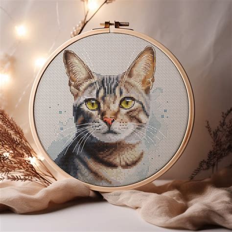 Watercolor Tabby Cat With Green Eyes Cross Stitch Pattern Domestic