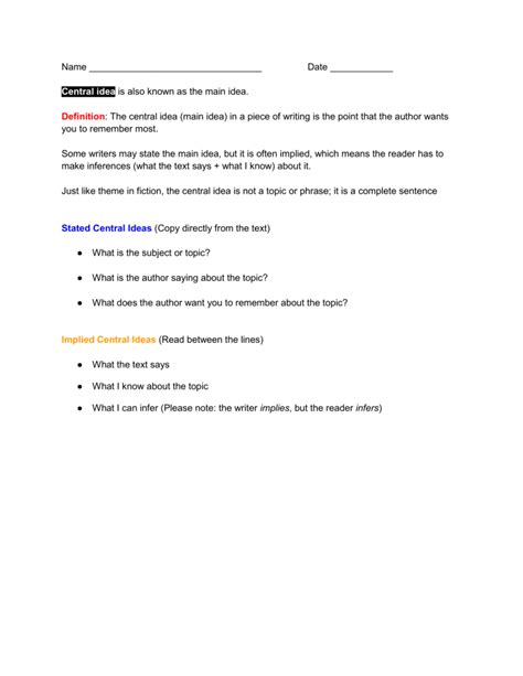 Determining Central Idea Worksheet 1