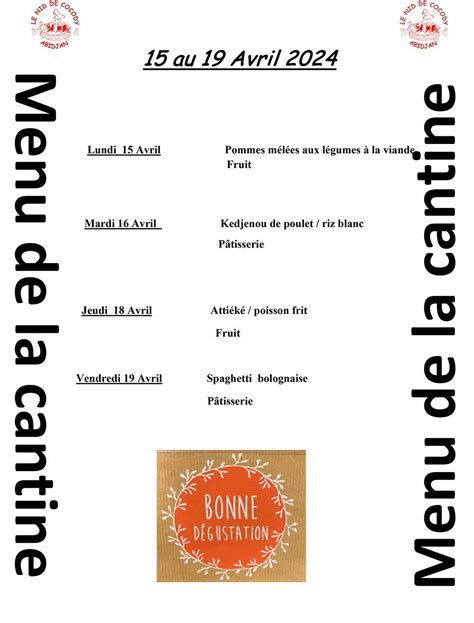 Menu De Cantine De La Semaine Du Au Avril Le Nid De Cocody