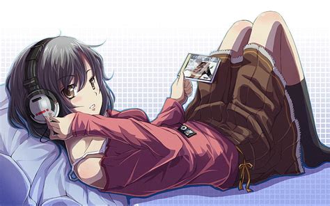 1366x768px Free Download Hd Wallpaper Anime Girl Lying Down Listening Headphones Skirt