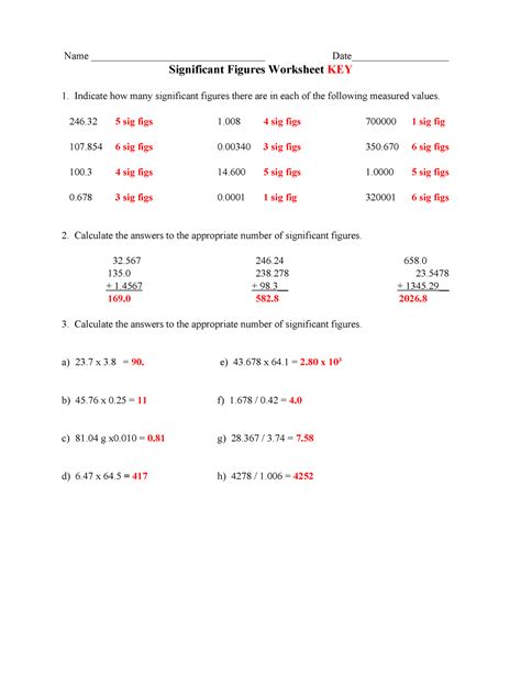 Sig Fg Wrksht Key Answer Key For Practice Significant Figures