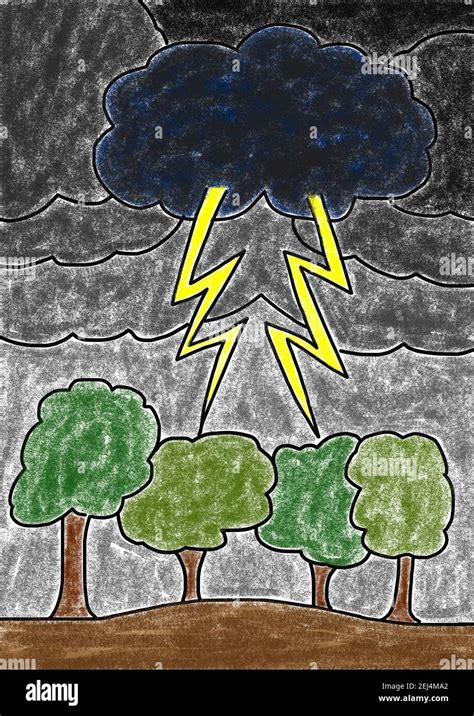 Naive illustration, child drawing, Gloomy storm clouds with lightning ...