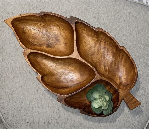 Leaf Shaped Monkey Pod Wood Serving Tray With 4 Sections 20 Etsy