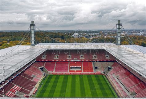 Aerial look inside RheinEnergieSTADION, home stadium for 1. FC Köln football team. Cologne ...