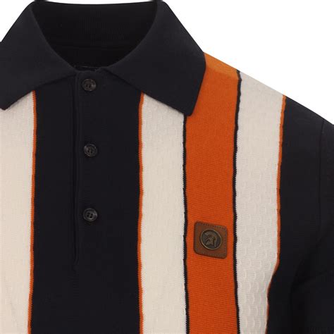 Trojan Records S Mod Dobby Stripe Knit Polo Top Navy