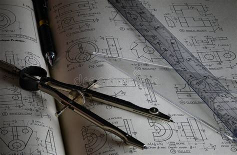 Drafting Tools on Mechanical Drawings Stock Image - Image of engineer ...