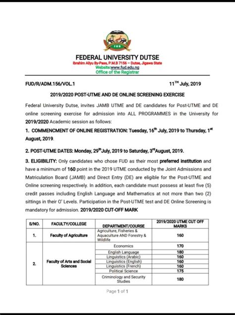 Fud Post Utme And De Form 2019 Cut Off Mark Screening Details