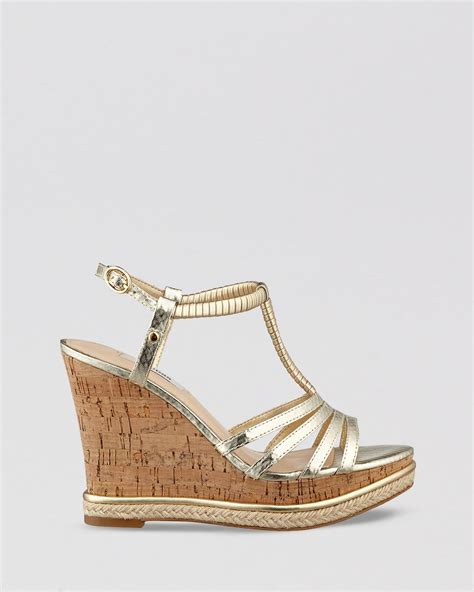 Guess Open Toe Platform Wedge Sandals Hilary In Gold Lyst