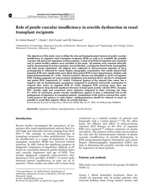 Pdf Role Of Penile Vascular Insufficiency In Erectile Dysfunction In Renal Transplant Recipients